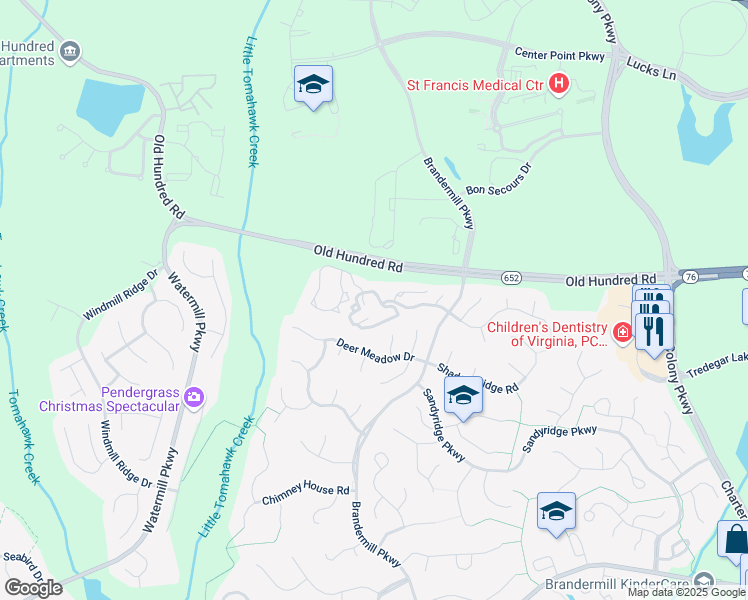map of restaurants, bars, coffee shops, grocery stores, and more near 14311 Brandermill Woods Trail in Midlothian