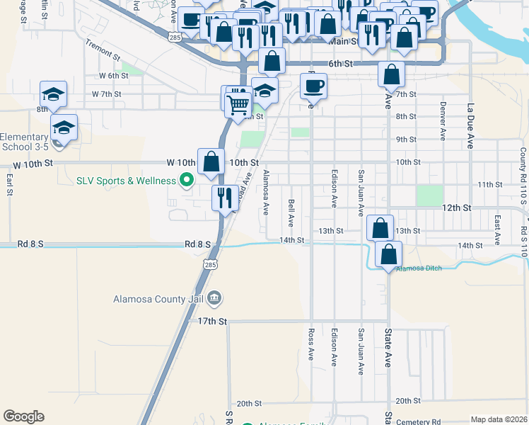 map of restaurants, bars, coffee shops, grocery stores, and more near 1113 Alamosa Avenue in Alamosa