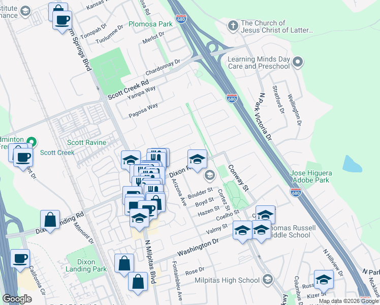 map of restaurants, bars, coffee shops, grocery stores, and more near 295 Dixon Road in Milpitas