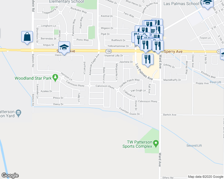 map of restaurants, bars, coffee shops, grocery stores, and more near 218 Cherry Blossom Lane in Patterson