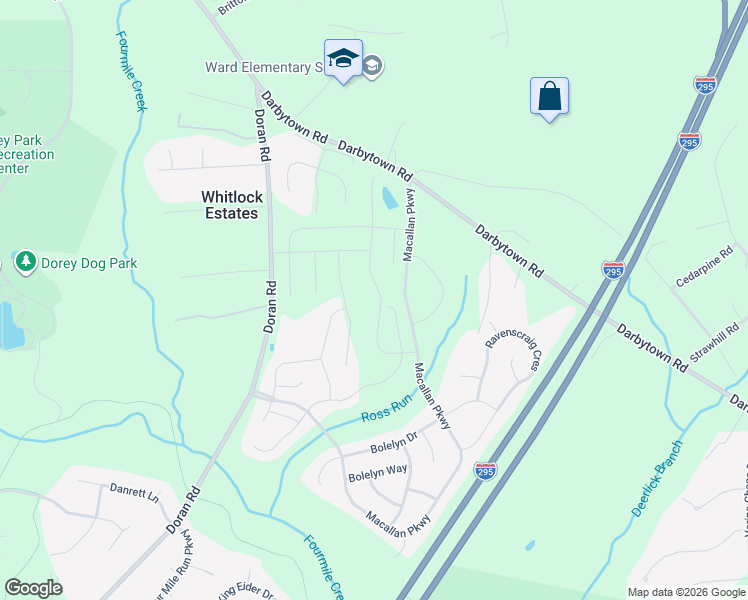 map of restaurants, bars, coffee shops, grocery stores, and more near 7509 Doran Road in Richmond