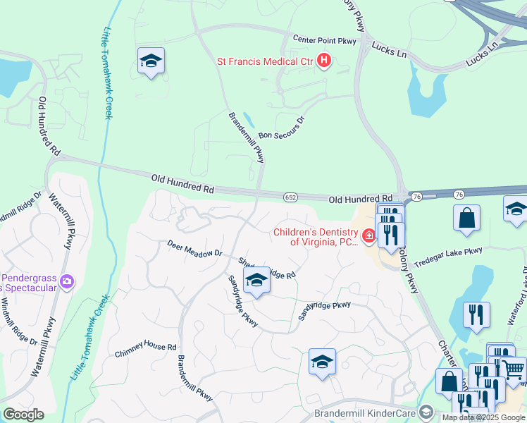 map of restaurants, bars, coffee shops, grocery stores, and more near 2206 Turtle Hill Lane in Midlothian