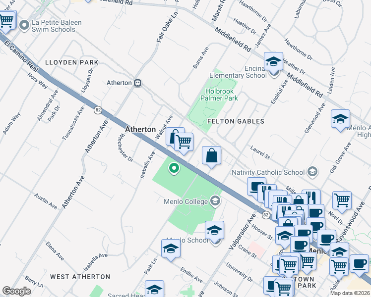 map of restaurants, bars, coffee shops, grocery stores, and more near 136 Spruce Avenue in Menlo Park