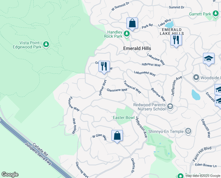 map of restaurants, bars, coffee shops, grocery stores, and more near 712 Glenmere Way in Emerald Hills