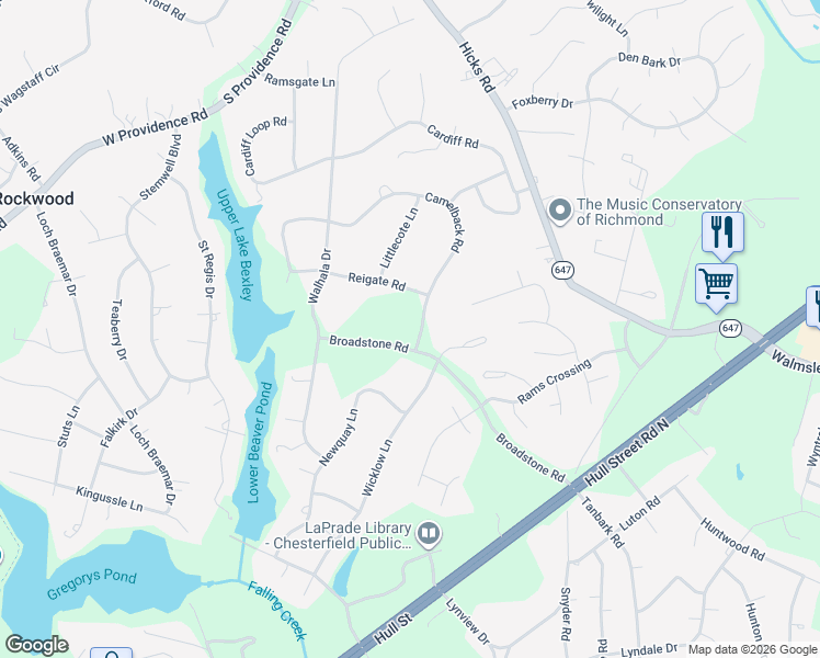 map of restaurants, bars, coffee shops, grocery stores, and more near 9000 Broadstone Road in Richmond