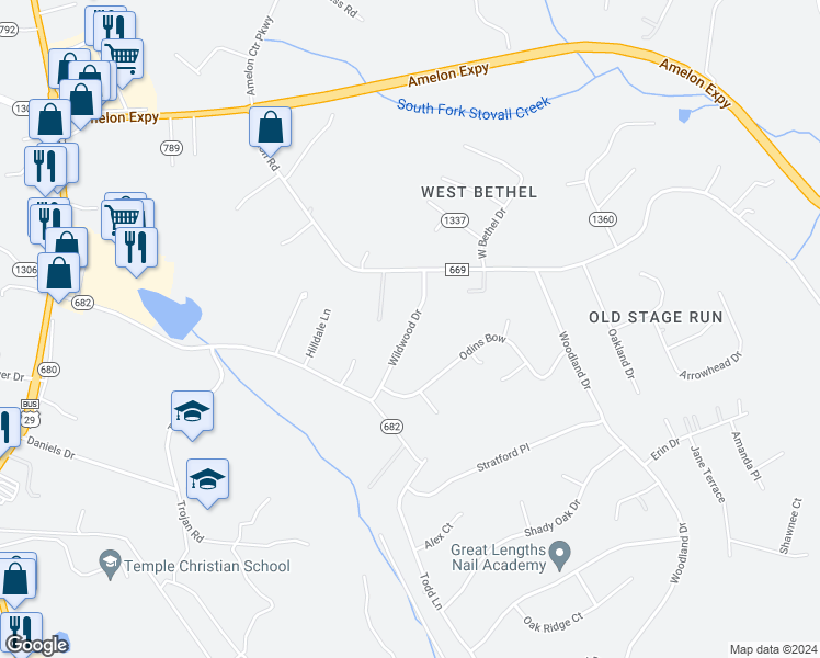 map of restaurants, bars, coffee shops, grocery stores, and more near 151 Wildwood Drive in Madison Heights
