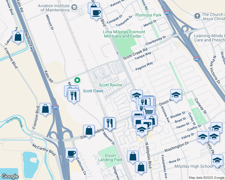 map of restaurants, bars, coffee shops, grocery stores, and more near 49096 Woodgrove Common in Fremont