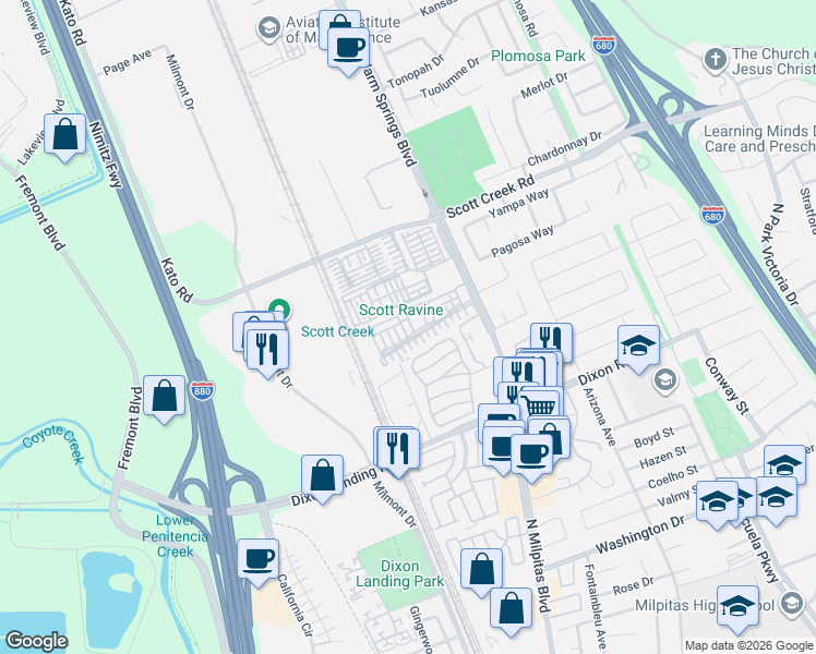 map of restaurants, bars, coffee shops, grocery stores, and more near 49096 Woodgrove Common in Fremont