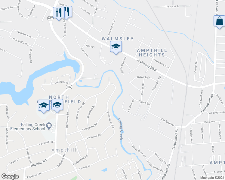 map of restaurants, bars, coffee shops, grocery stores, and more near 4720 Southmoor Road in Richmond