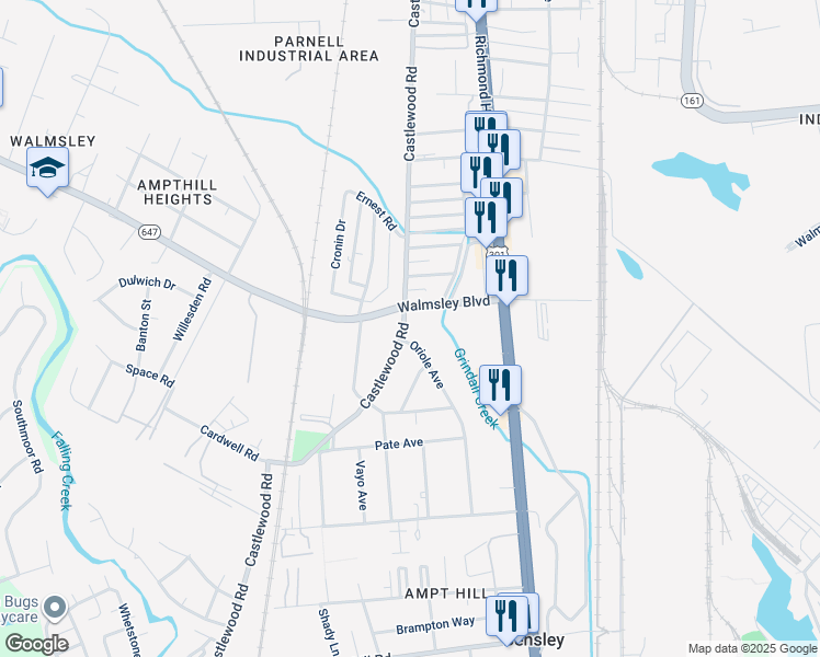 map of restaurants, bars, coffee shops, grocery stores, and more near 4803 Castlewood Road in Richmond