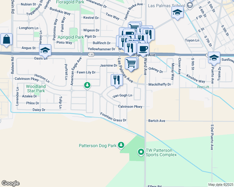 map of restaurants, bars, coffee shops, grocery stores, and more near 1117 Van Gogh Lane in Patterson