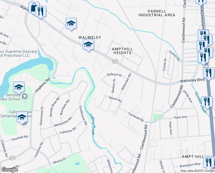map of restaurants, bars, coffee shops, grocery stores, and more near 3113 Hartwell Drive in Richmond