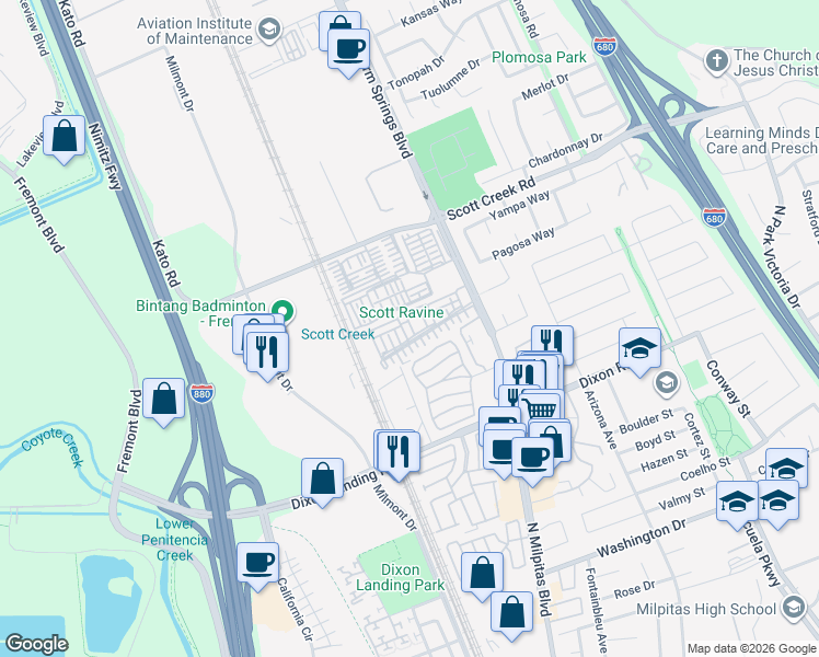 map of restaurants, bars, coffee shops, grocery stores, and more near 49197 Tulip Terrace in Fremont