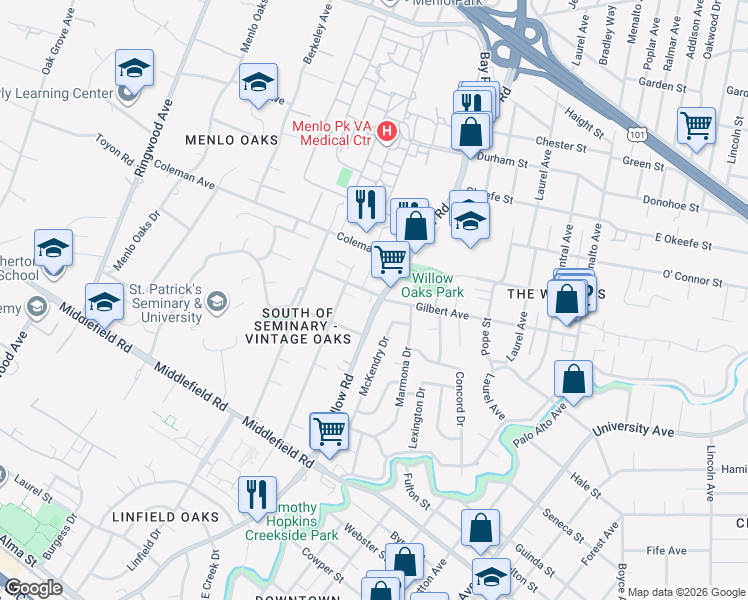 map of restaurants, bars, coffee shops, grocery stores, and more near in Menlo Park