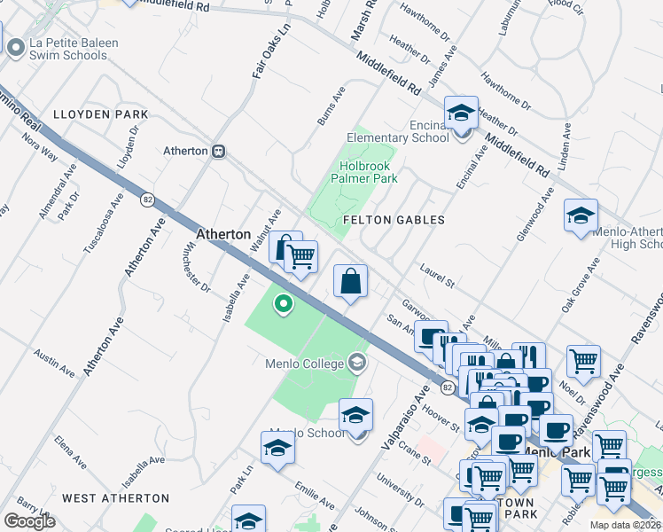 map of restaurants, bars, coffee shops, grocery stores, and more near 128 Buckthorn Way in Menlo Park