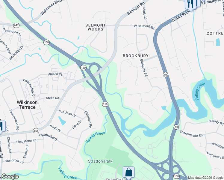 map of restaurants, bars, coffee shops, grocery stores, and more near 5307 Bemiss Court in Richmond