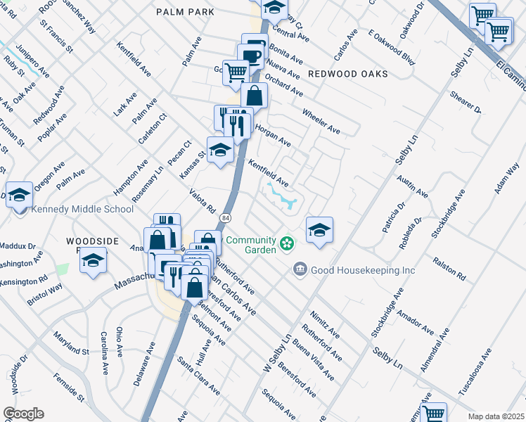 map of restaurants, bars, coffee shops, grocery stores, and more near 140 Atherwood Avenue in Redwood City