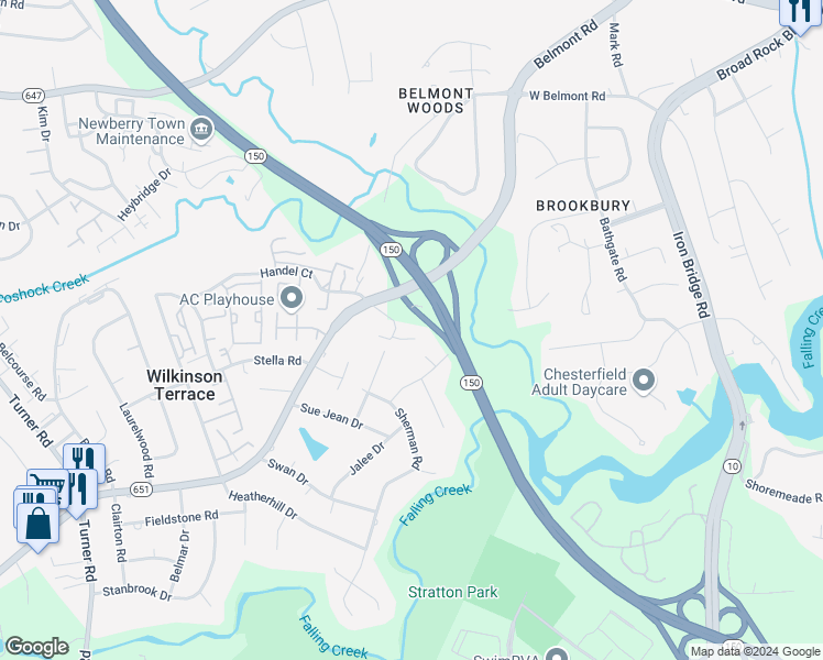 map of restaurants, bars, coffee shops, grocery stores, and more near 5300 Pippin Lane in Richmond