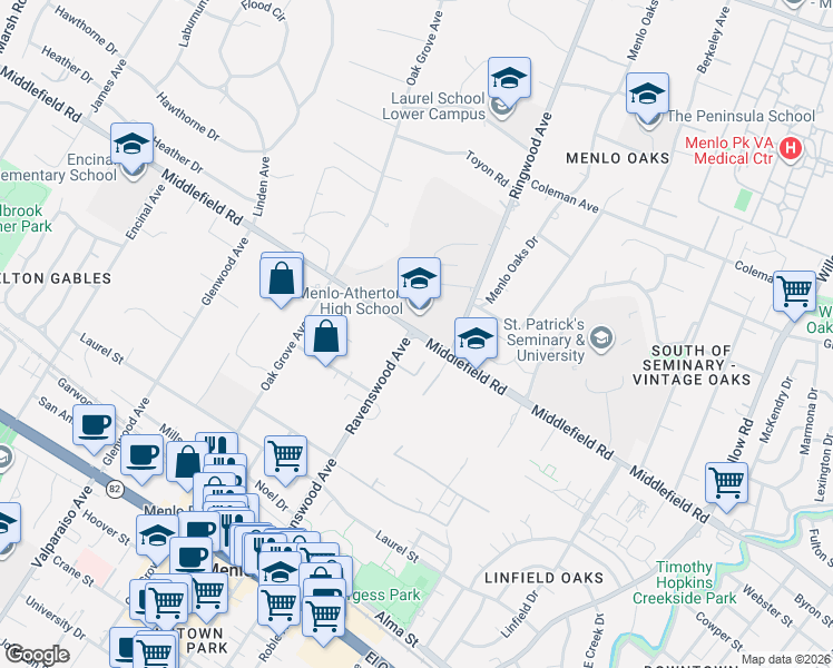 map of restaurants, bars, coffee shops, grocery stores, and more near 599 Middlefield Road in Menlo Park