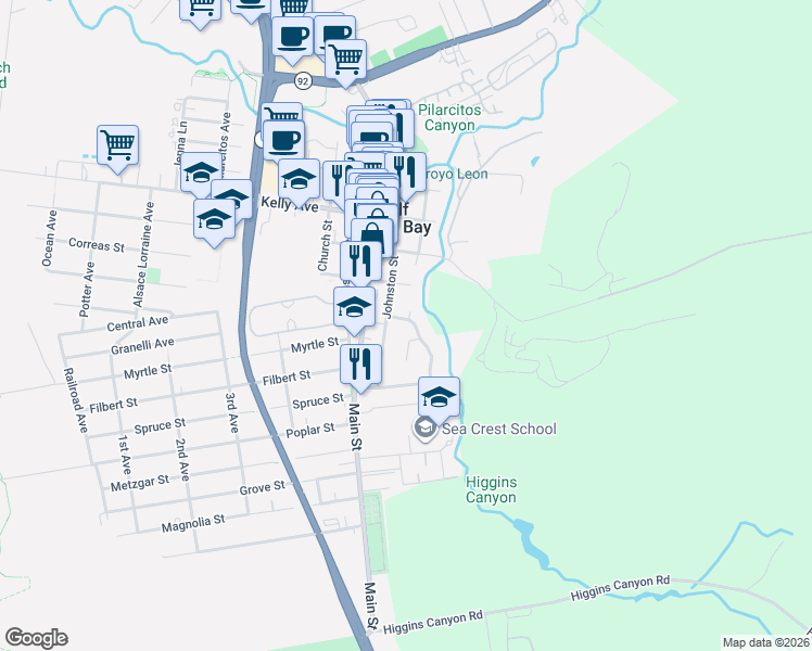 map of restaurants, bars, coffee shops, grocery stores, and more near 767 Johnston Street in Half Moon Bay