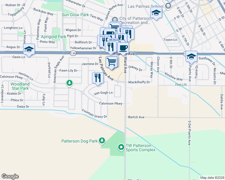 map of restaurants, bars, coffee shops, grocery stores, and more near 231 Fall Avenue in Patterson
