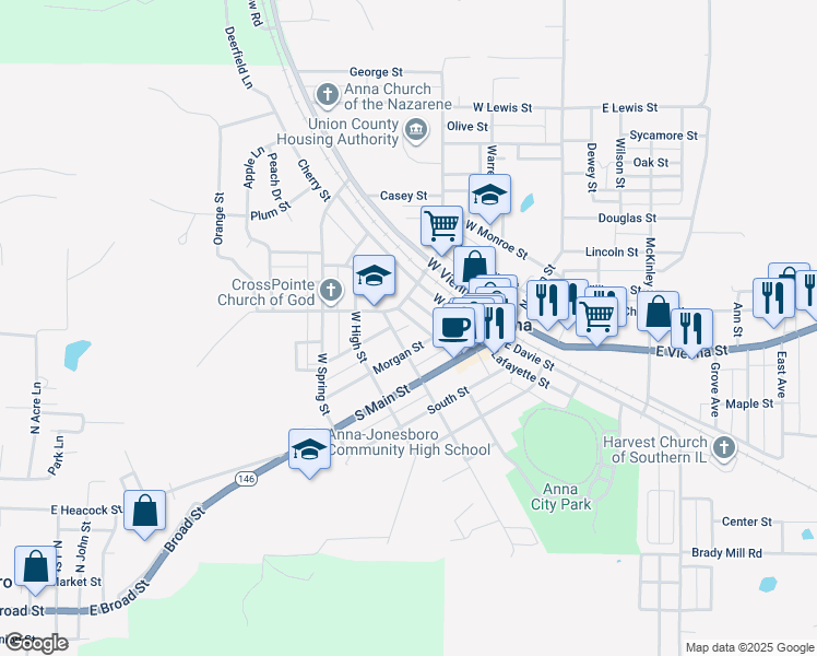 map of restaurants, bars, coffee shops, grocery stores, and more near 403 Morgan Street in Anna