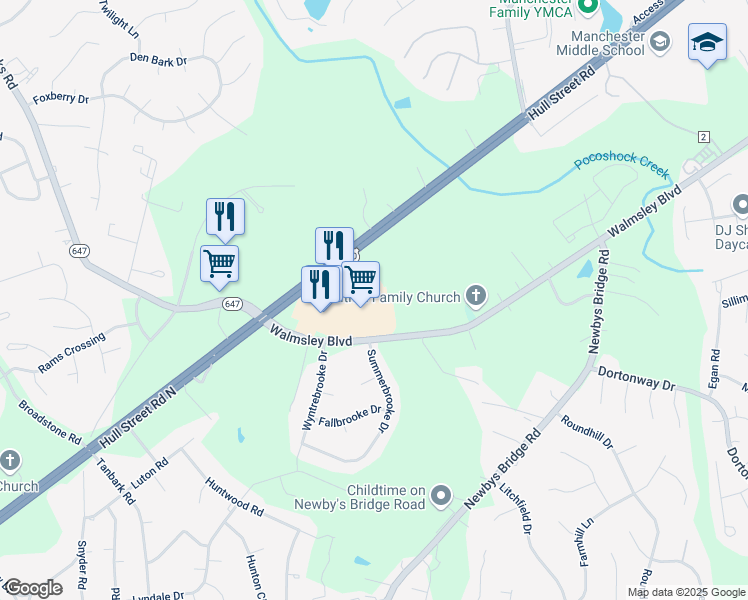 map of restaurants, bars, coffee shops, grocery stores, and more near 8141 Hull Street Road in Richmond