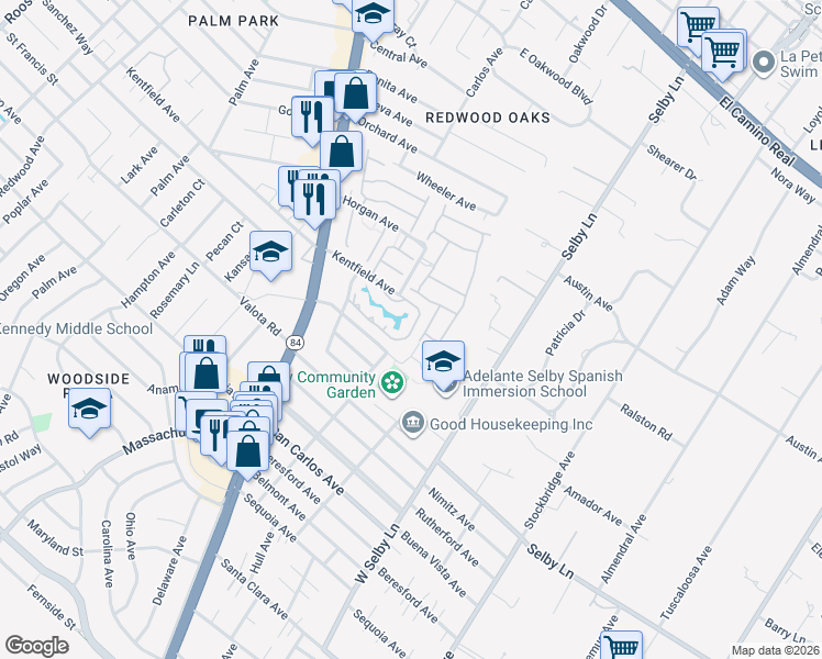 map of restaurants, bars, coffee shops, grocery stores, and more near 215 Atherwood Avenue in Redwood City