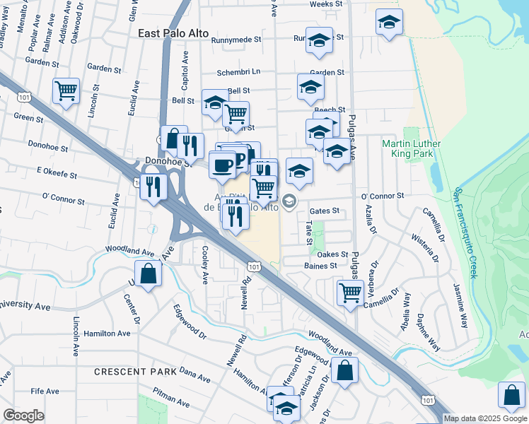 map of restaurants, bars, coffee shops, grocery stores, and more near 1771 East Bayshore Road in East Palo Alto
