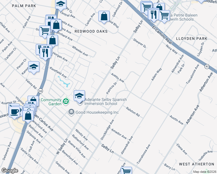 map of restaurants, bars, coffee shops, grocery stores, and more near 165 Patricia Drive in Atherton