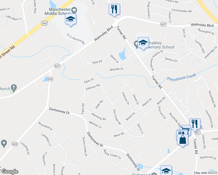 map of restaurants, bars, coffee shops, grocery stores, and more near 3404 Silliman Court in Chesterfield