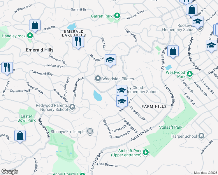 map of restaurants, bars, coffee shops, grocery stores, and more near 3814 Jefferson Avenue in Redwood City