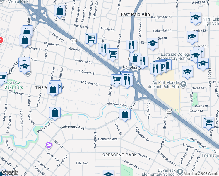 map of restaurants, bars, coffee shops, grocery stores, and more near 1983 Euclid Avenue in Menlo Park