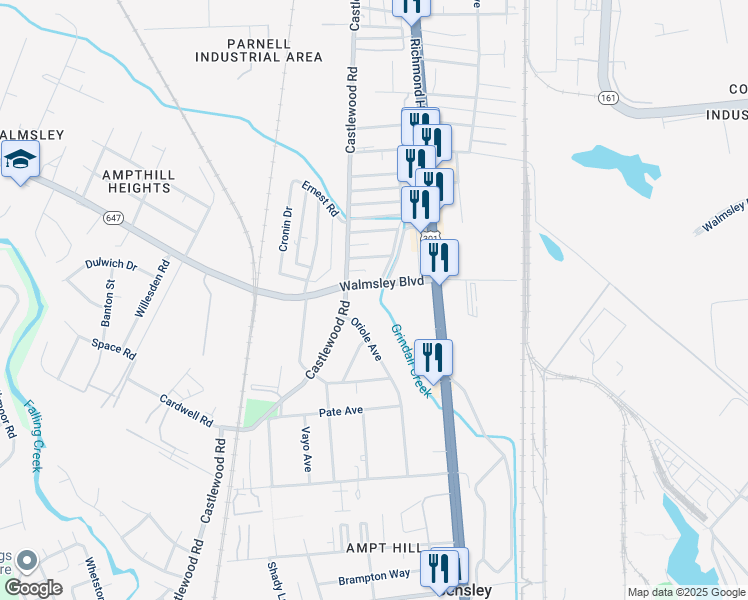 map of restaurants, bars, coffee shops, grocery stores, and more near 4803 Castlewood Road in Richmond