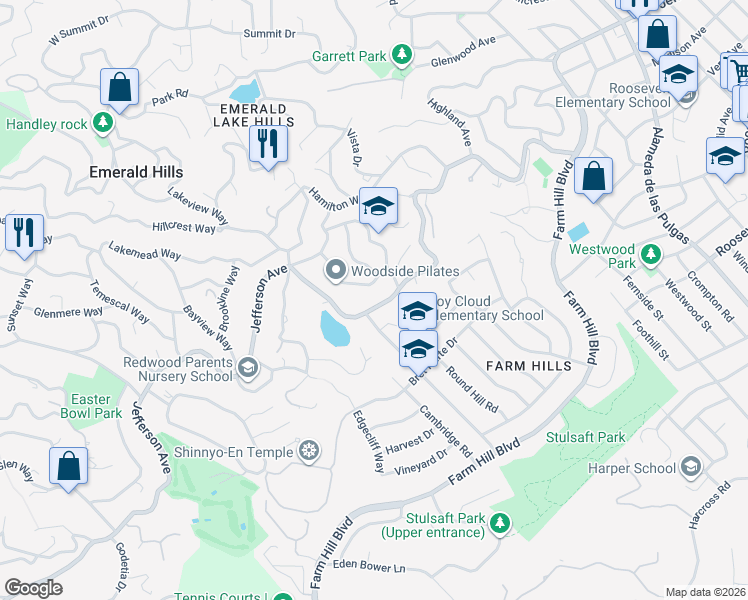 map of restaurants, bars, coffee shops, grocery stores, and more near 3814 Jefferson Avenue in Redwood City