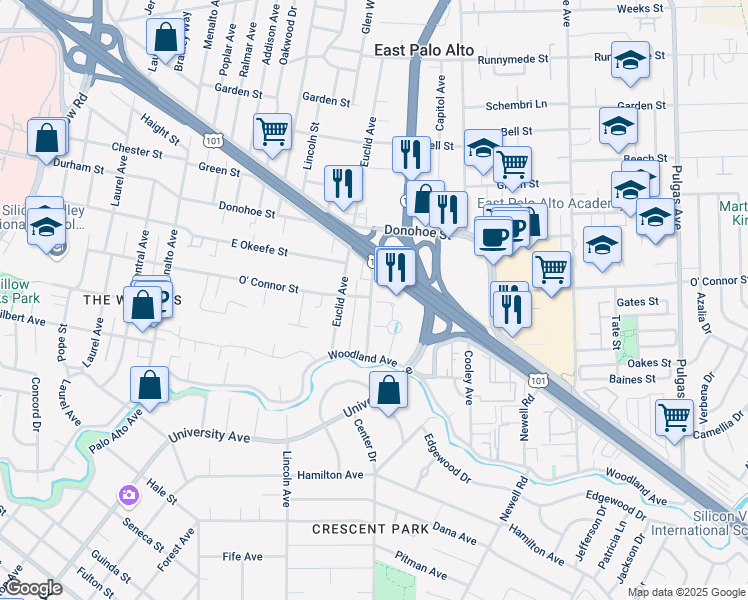 map of restaurants, bars, coffee shops, grocery stores, and more near 2000 University Avenue in Palo Alto