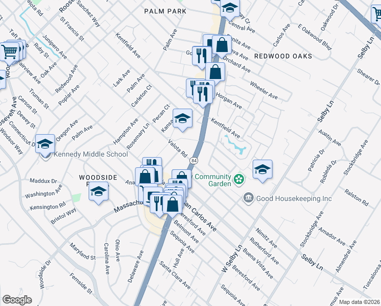 map of restaurants, bars, coffee shops, grocery stores, and more near in Redwood City