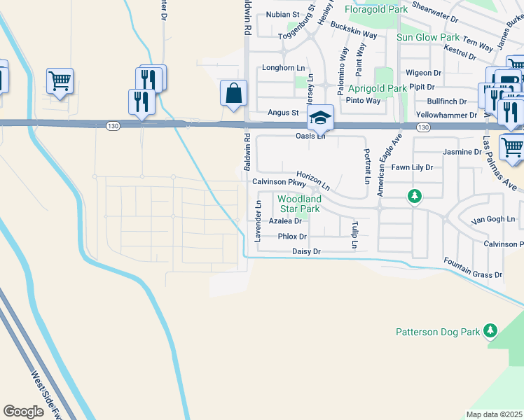 map of restaurants, bars, coffee shops, grocery stores, and more near 212 Lavender Lane in Patterson