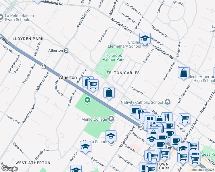 map of restaurants, bars, coffee shops, grocery stores, and more near 1721 Stone Pine Lane in Menlo Park