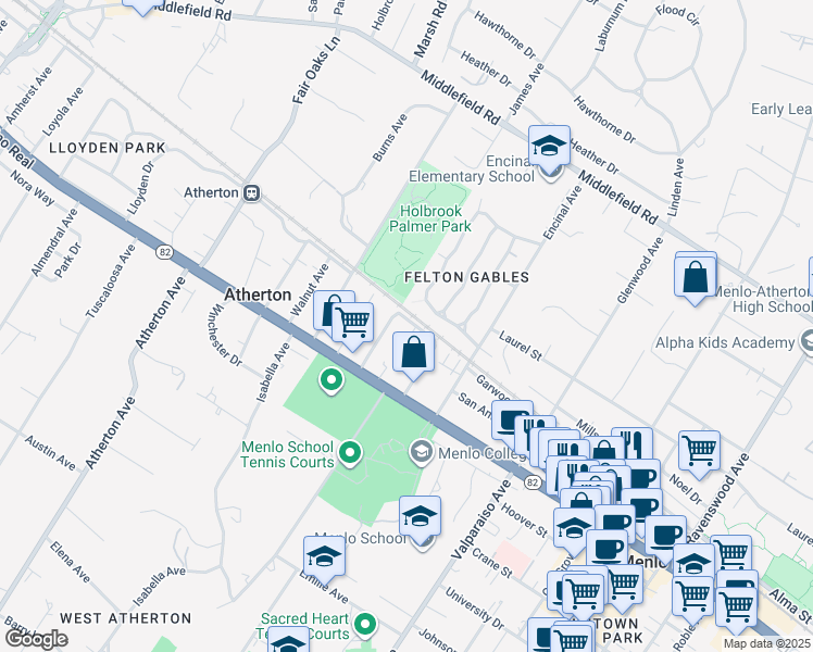 map of restaurants, bars, coffee shops, grocery stores, and more near 1721 Stone Pine Lane in Menlo Park