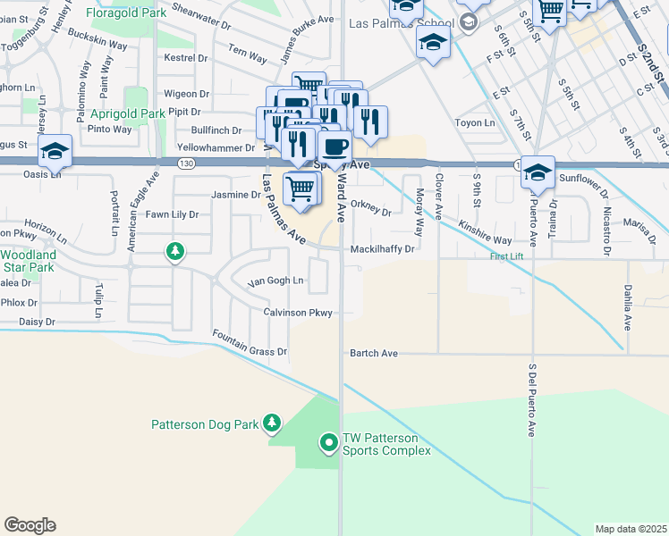 map of restaurants, bars, coffee shops, grocery stores, and more near 1001 Winter Lane in Patterson