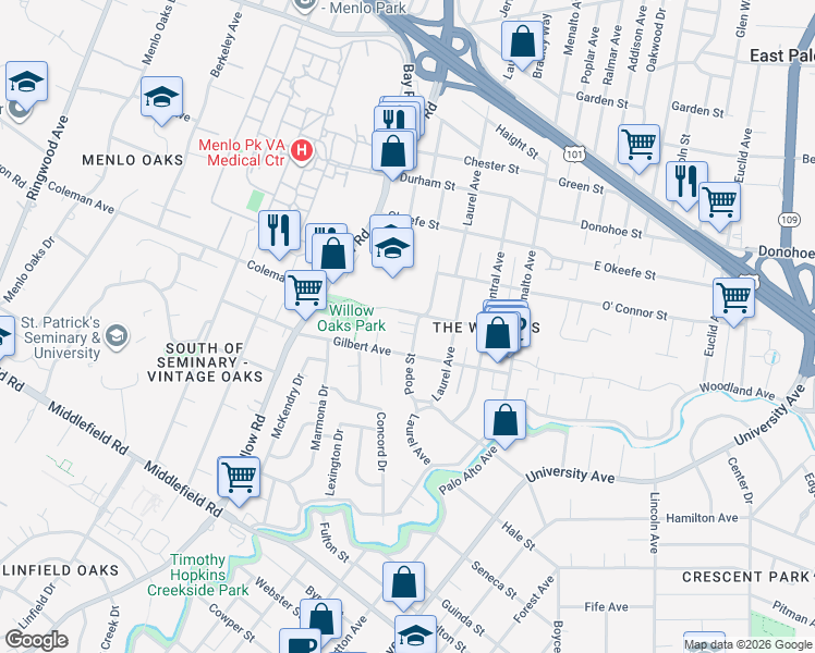 map of restaurants, bars, coffee shops, grocery stores, and more near 423 Pope Street in Menlo Park