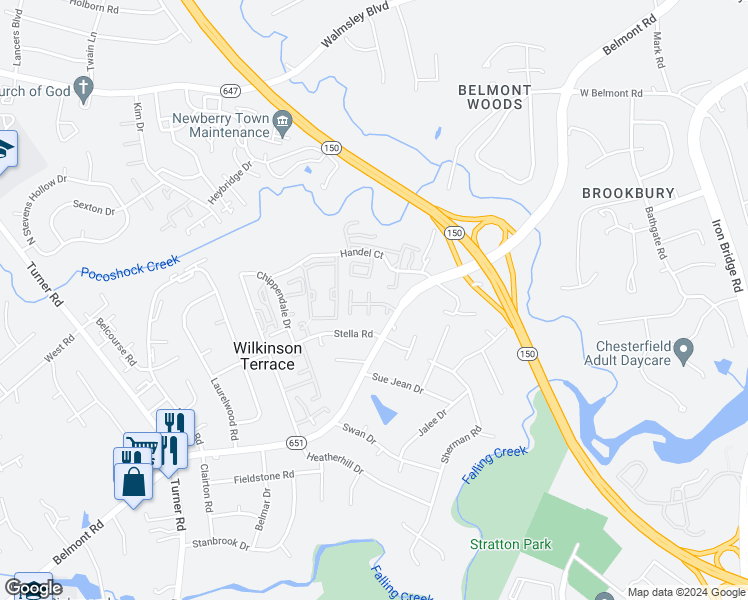 map of restaurants, bars, coffee shops, grocery stores, and more near 5510 Belle Pond Drive in Richmond