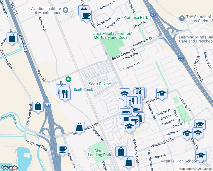 map of restaurants, bars, coffee shops, grocery stores, and more near 49070 Pampas Grass Terrace in Fremont