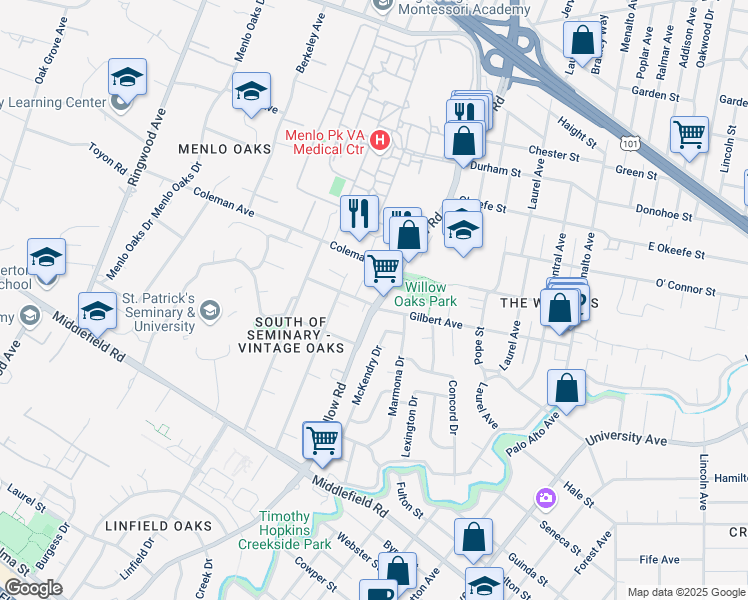 map of restaurants, bars, coffee shops, grocery stores, and more near 409 Willow Road in Menlo Park