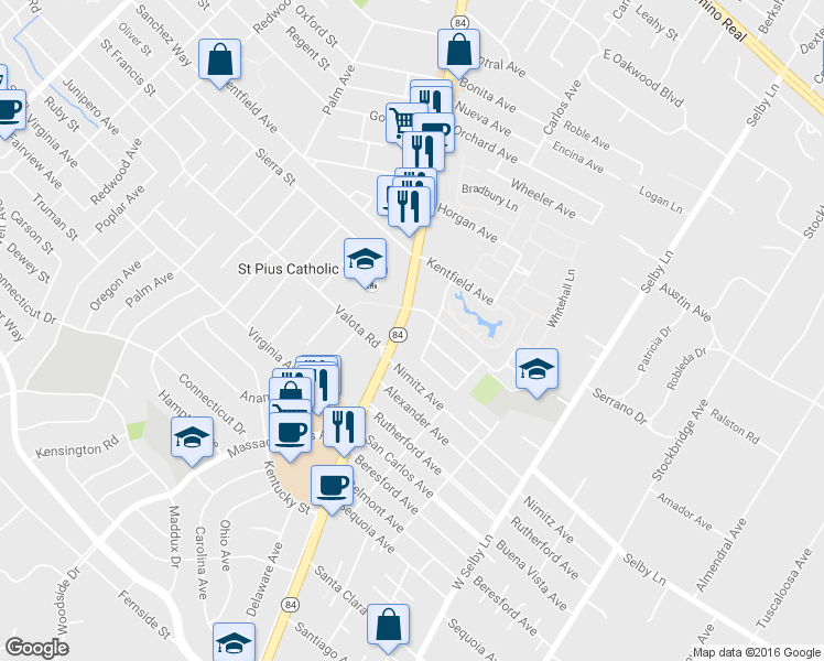 map of restaurants, bars, coffee shops, grocery stores, and more near 43 Atherwood Avenue in Redwood City