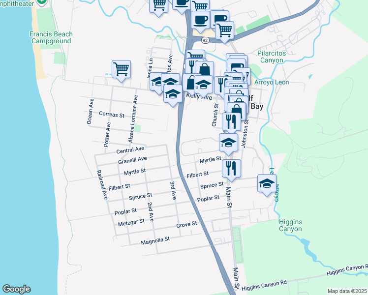 map of restaurants, bars, coffee shops, grocery stores, and more near 138 Amesport Landing in Half Moon Bay