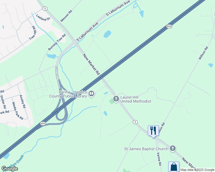 map of restaurants, bars, coffee shops, grocery stores, and more near 1875 New Market Road in Henrico