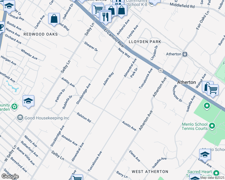 map of restaurants, bars, coffee shops, grocery stores, and more near 68 Almendral Avenue in Atherton