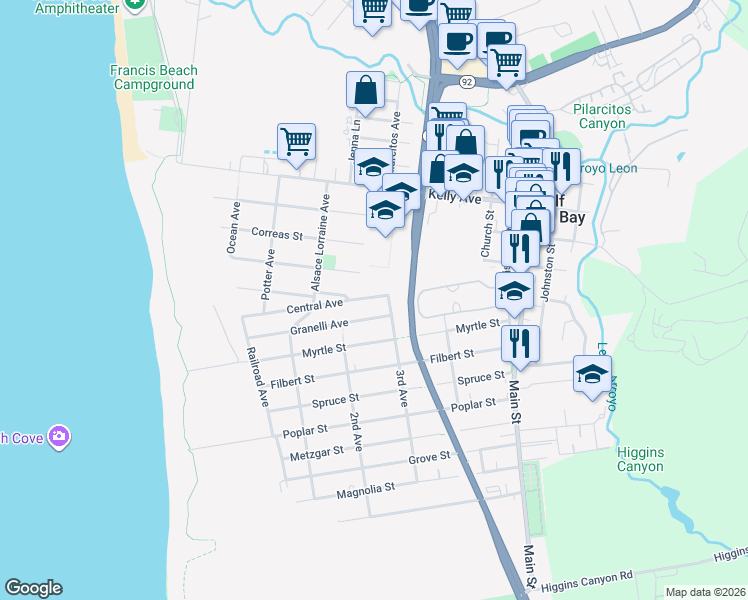 map of restaurants, bars, coffee shops, grocery stores, and more near 438 Central Avenue in Half Moon Bay